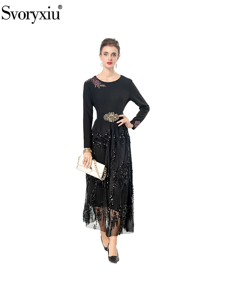 

Svoryxiu Fashion Runway Autumn Black Elegant Long Dress Women's O-Neck Beading Long Sleeve High Waist Net Yarn Sequins Dress
