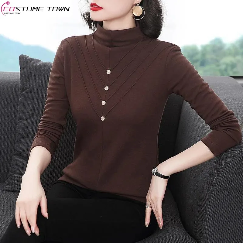 2023 Autumn/Winter Korean Edition New Half High Neck Thickened Double Sided German Velvet Long Sleeve Style Top Trend