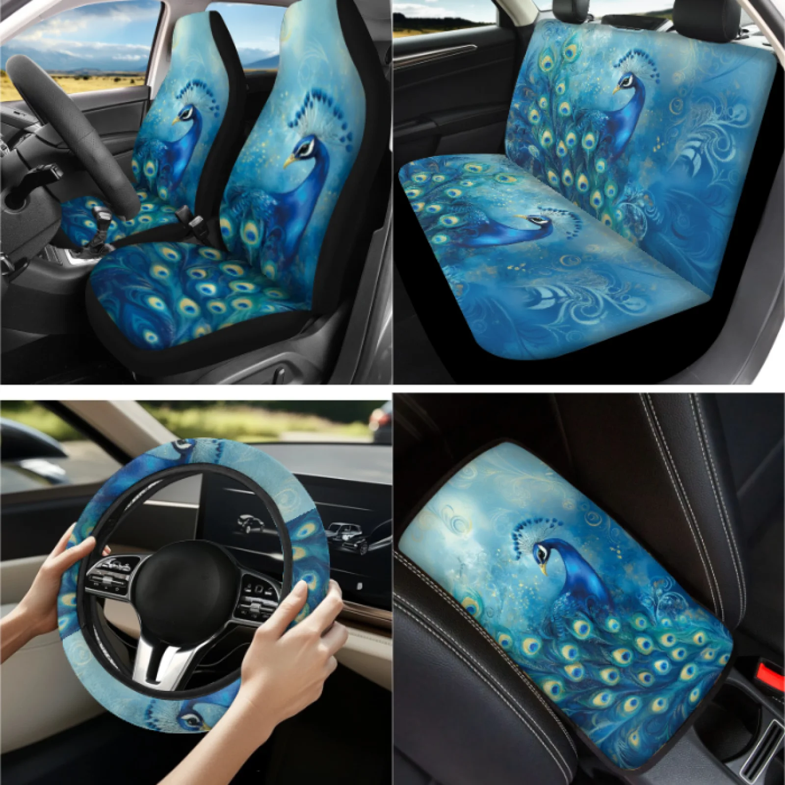 Coloranimal Peacock 13 Pack Auto Accessories with Easy Installation Seat Belt Strap Pad and Key Ring for Auto Interior