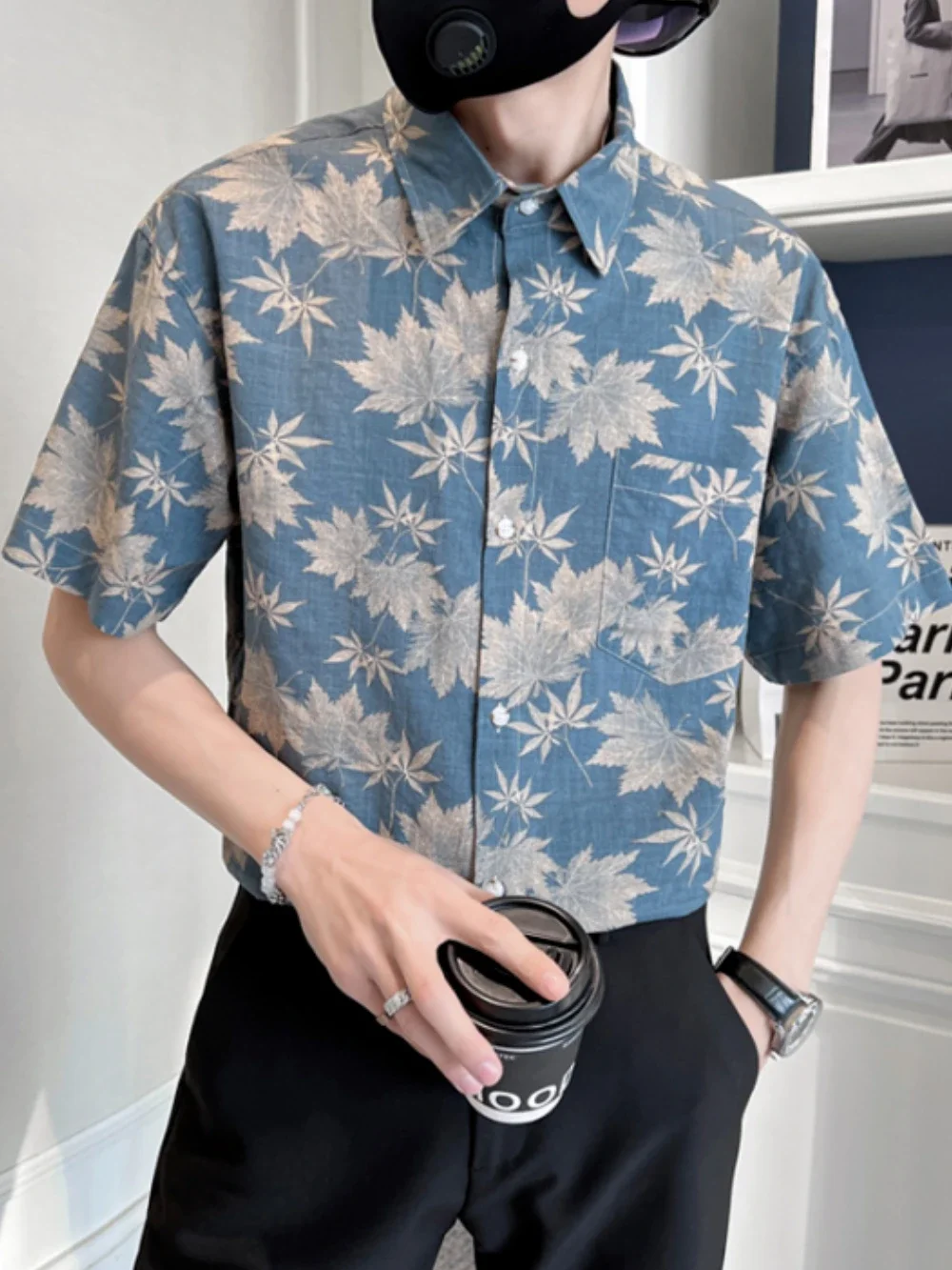 

Man Shirt Blue Short Sleeve with Pocket Floral Print Green New in Silk Elegant High Quality Luxury Normal Sleeves Shirts for Men