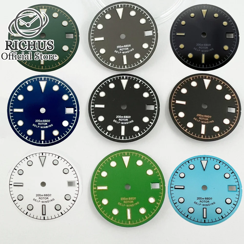 28.5mm Watch Dial NH35 Dial With date window Black Blue Green Sterile Luminous Watch Dial fit NH35 Watches Movement