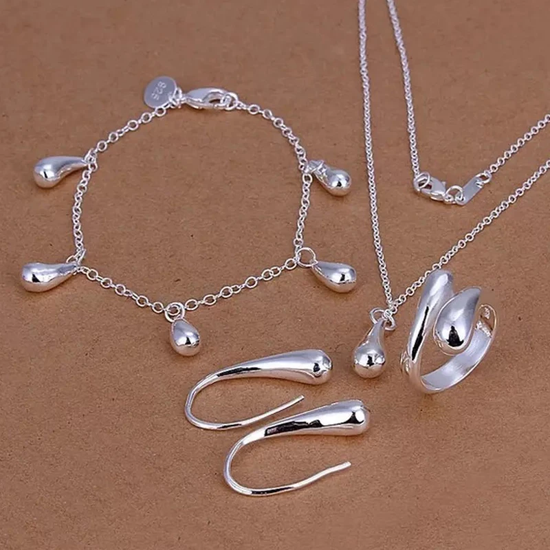 

925 Sterling Silver Wedding Women High-Quality Classic Drop Bracelets Earrings Necklace Rings Fashion Jewelry Sets