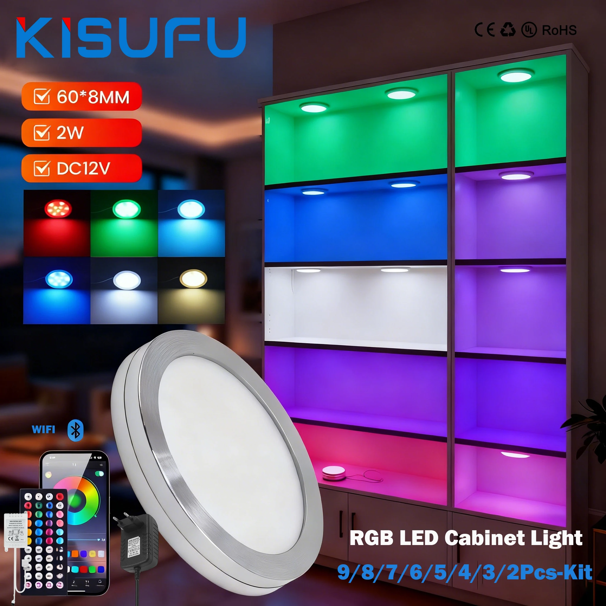 12V Smart RGB LED Ceiling Spotlight Bluetooth WIFI App Remote Control Dimmable Round Under Cabinet Light 1-9Pcs EU/AU/UK/US Plug