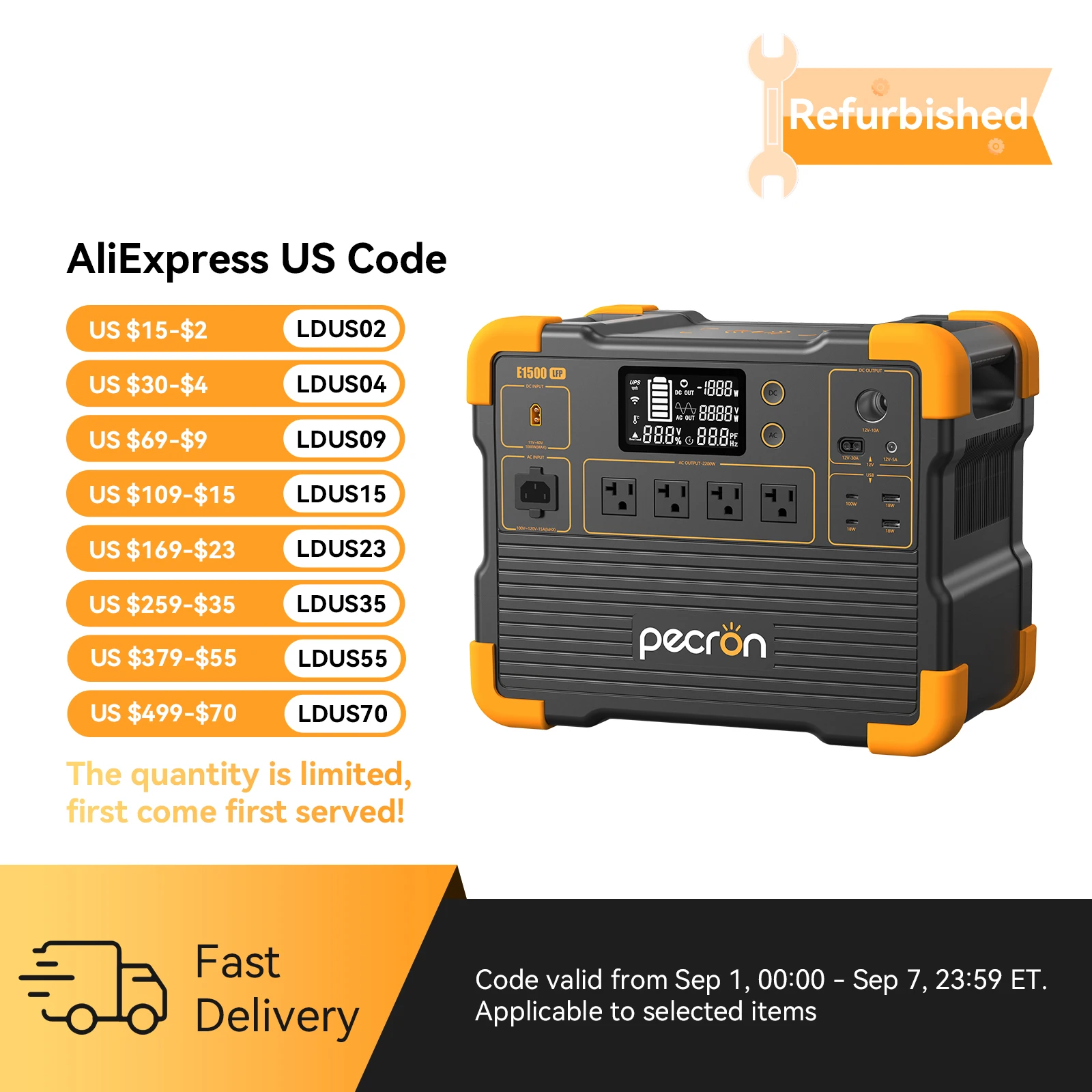 Uesd-Pecron E1500LFP 2200W 1536Wh Portable Power Station LiFePO4 Battery Solar Generator Expandable for Home Use Camping RV