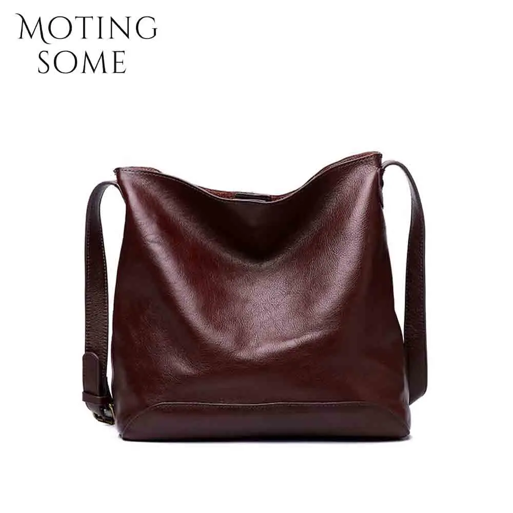 Motingsome Retro Woman Handbag High Quality Vegetable Tanned Leather Shoulder Bucket Thick Cow Skin Luxury Tote Black 2024 New