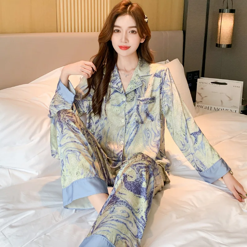 2026 Spring New Lapel Button Cardigan Lounge Sets Womens 2 Piece Ice Silk Pajamas for Women Fashion Printing Sleepwear for Wome