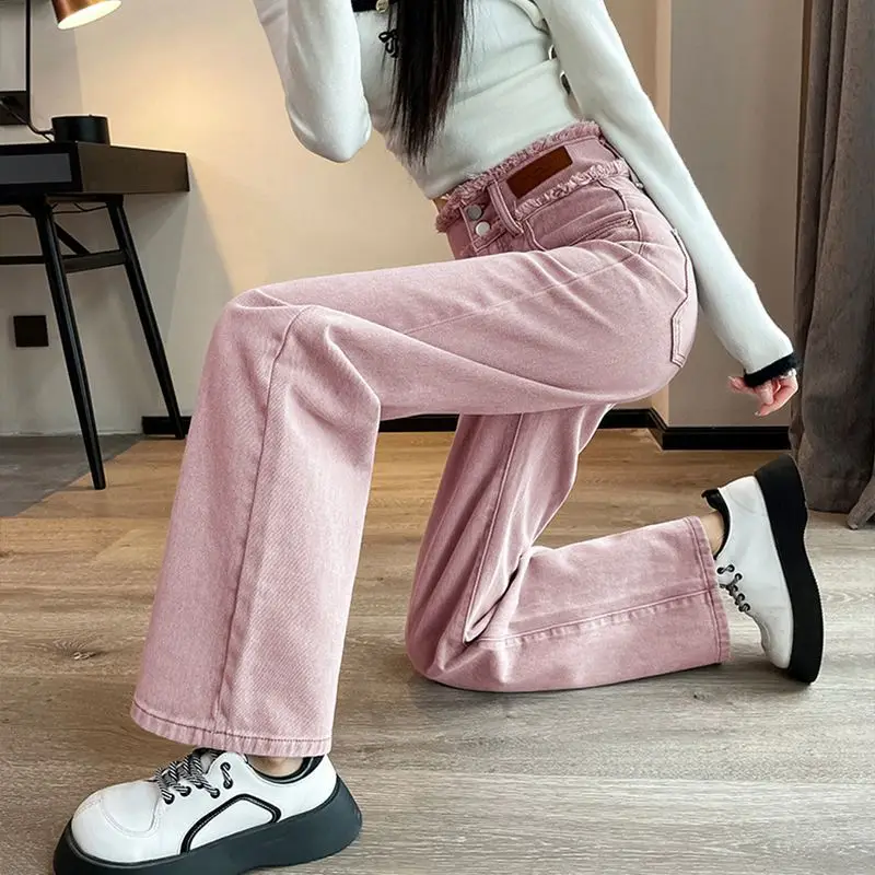 

Women's Pink Wide Leg Jeans Summer High Waist Denim Pants Loose Straight Trousers for Petite Floor Length Casual Streetwear