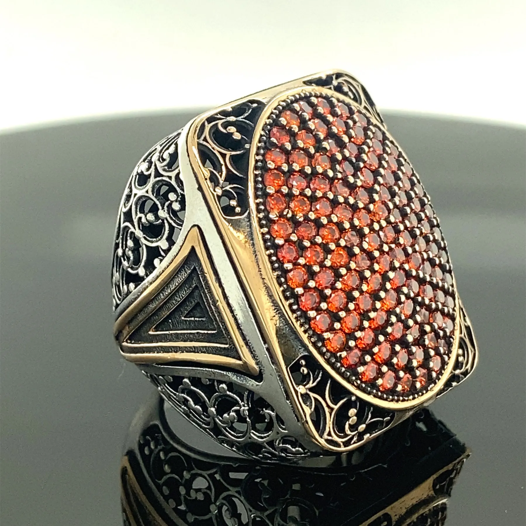 Silver Large Ring , Garnet Stone Ring , Micro Stone Silver Ring , Turkısh Handmade Ottoman Style Ring , 925k Sterling Silver Rin