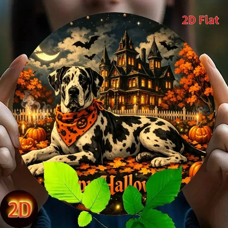2D Flat, [2D Flat] 2D Flat [2Dflat]1pcs 20x20cm- Happy Halloween Round Metal Tin Sign Dalmatian Dog Bandana Haunted House Pumpki