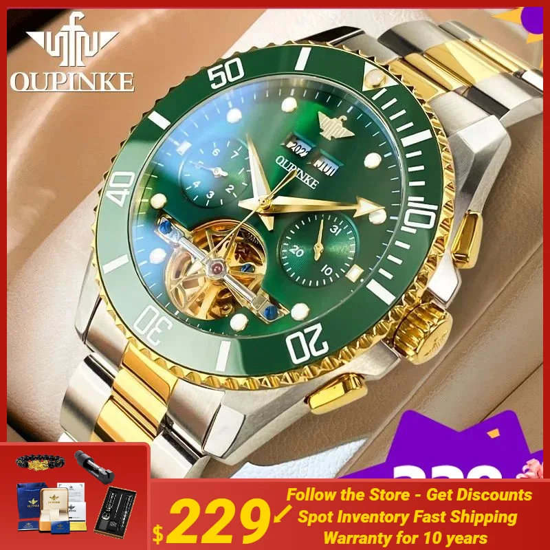 

OUPINKE Diving Mechanical Watch for Men TOP Brand Skeleton Waterproof Sapphire Luminous Date Business Automatic Men's Watch