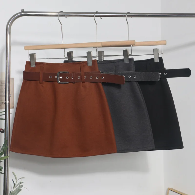 

Шерстяная юбка с поясом и высокой талией, женская осенне-зимняя антилегкая короткая юбка с запахом на бедрах