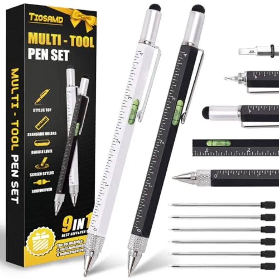 

Stocking Stuffers for Men, 9 in 1 Metal Multitool Pen 2Pcs and Refill 6Pcs, Unique Tech Tool Pen from Wife Daughter to Father B