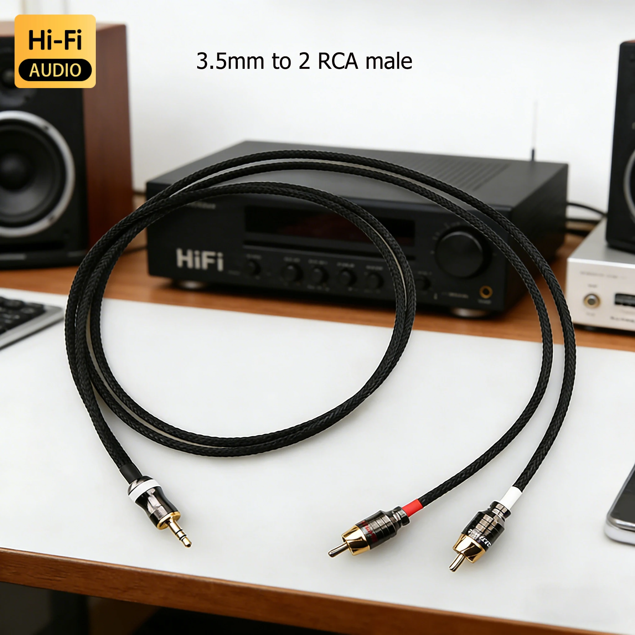 

25 AWG 3.5mm stereo 1/8" TRS to Dual RCA male plug HiFi Audio Cable For Hivi H4 H5 Active Speakers