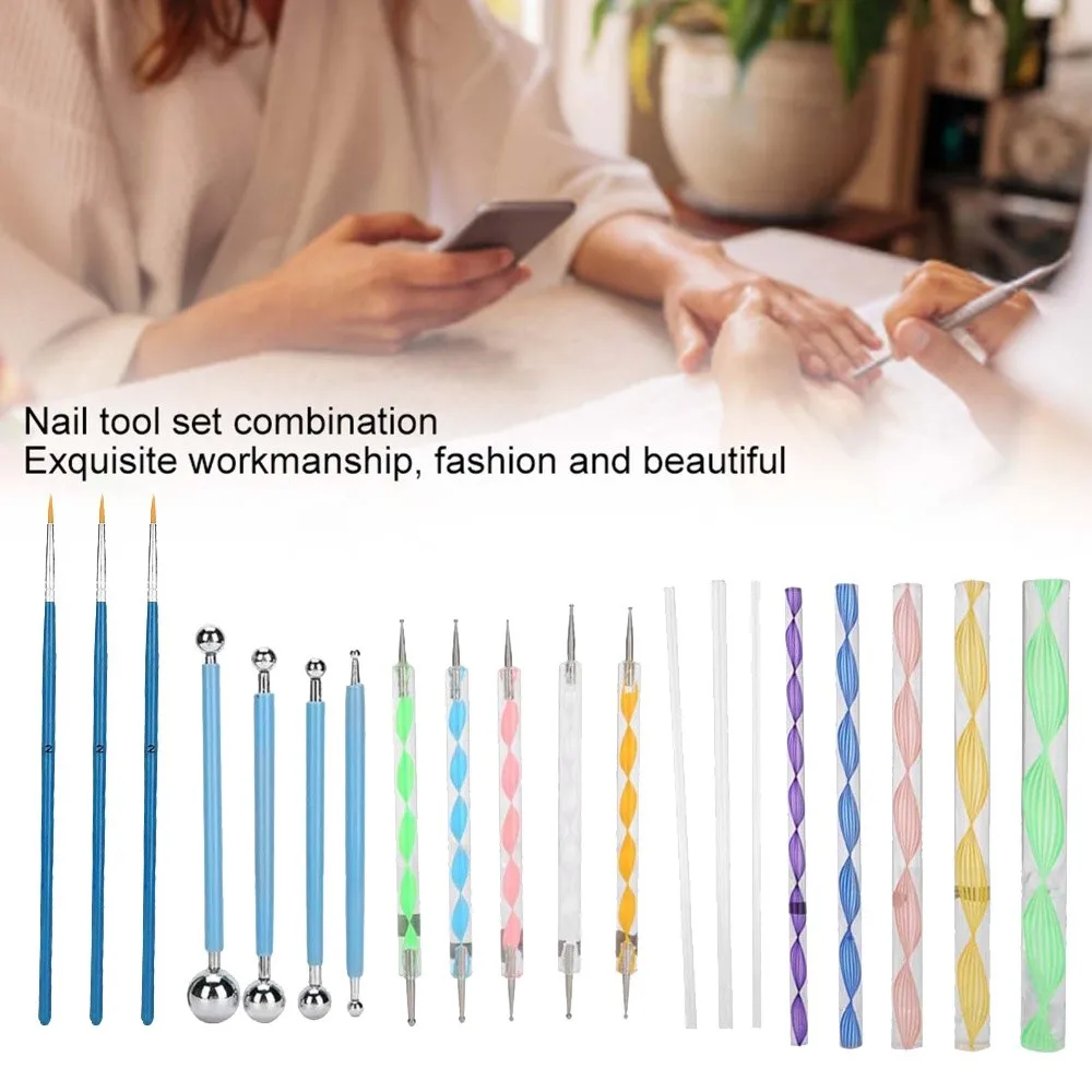 20pcs Double Sided Double Sided Nail Art Dotting Tool Set Acrylic Rods Art Tip Nail Rhinestone Picker & Pattern Drawing Set
