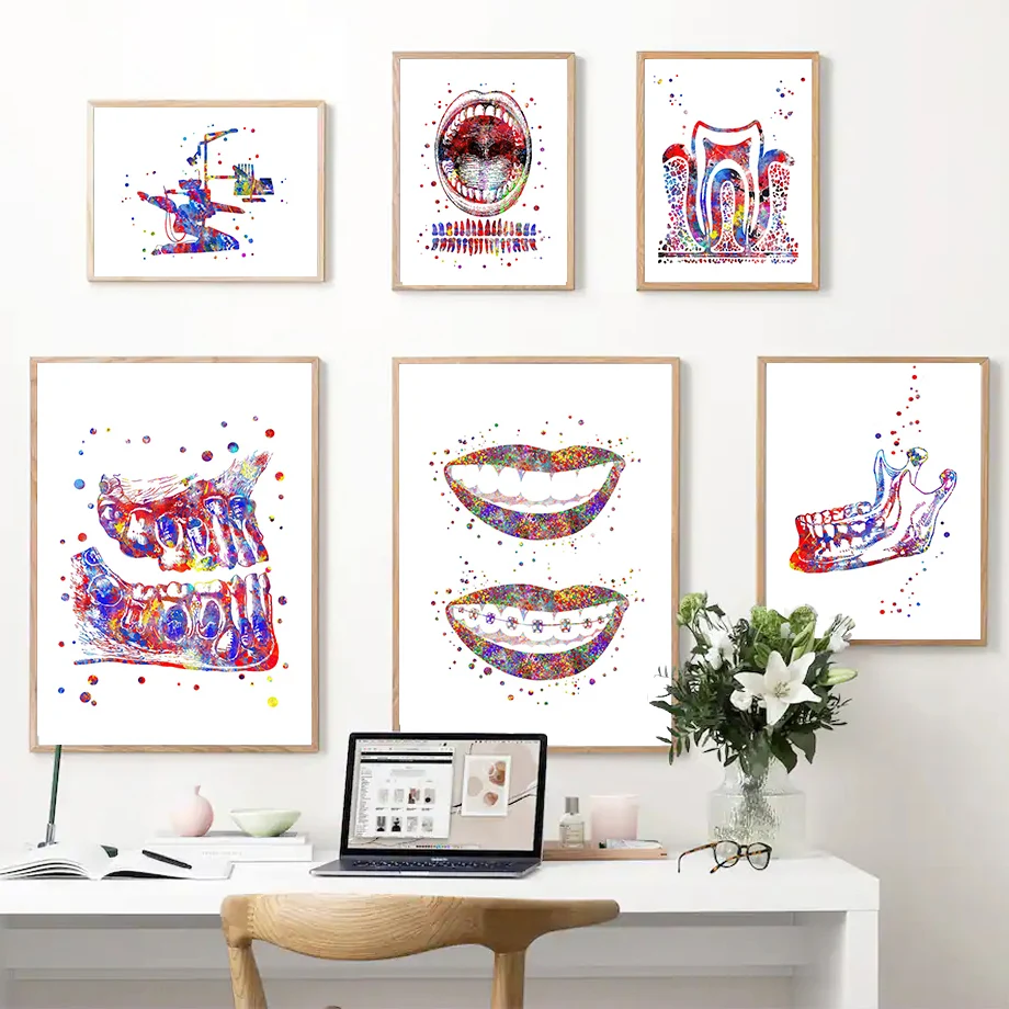 Watercolor Teeth Oral Health Dental Implant Posters And Prints Wall Art Canvas Painting Wall Pictures For Hospital Clinic Decor