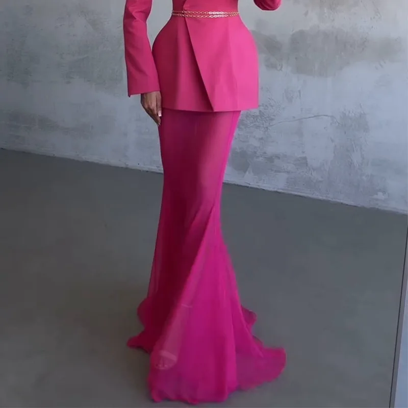 مكتب سيدة ملابس أنيقة المرأة تنورة مجموعة مثير INS كم طويل مشد السترة سترة انظر من خلال شبكة ماكسي التزلج قطعتين مجموعة