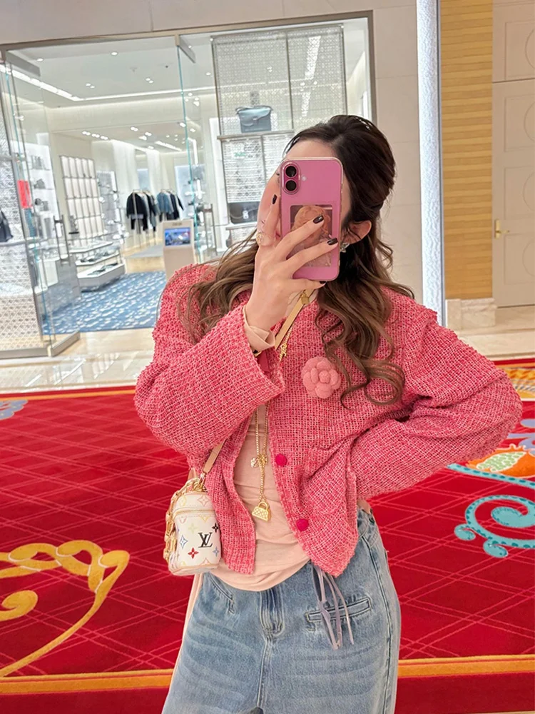 

Notting Hill Pink Woven Short Coat Women's Spring 2026 New Style Ladylike Top Fashionable Compact Design round Neckline