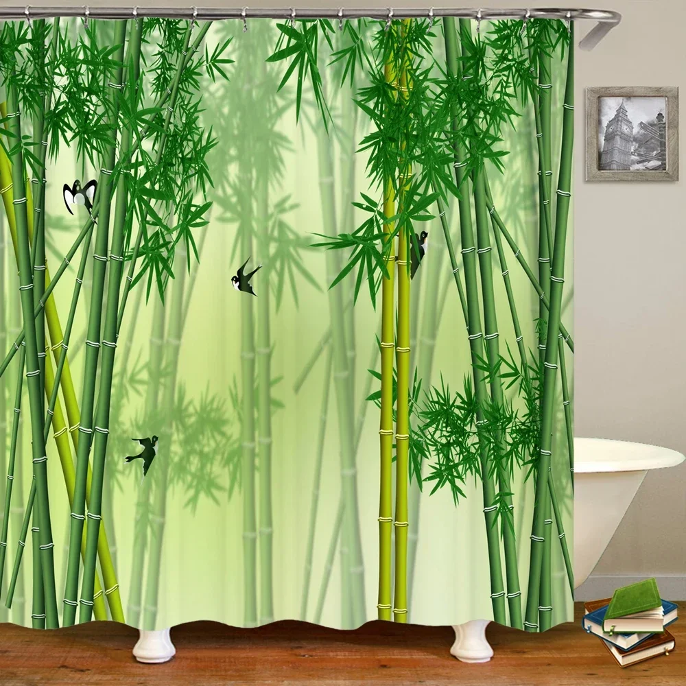 Tropical Plants Green Bamboo leaf Printed Shower Curtain Frabic Waterproof Polyester Bathroom Bath Curtain With Hooks 180x180cm