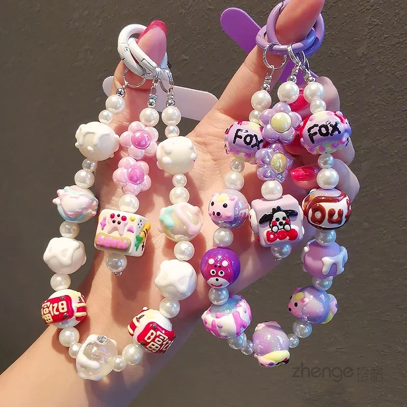 Colorful Graffiti Bead Phone Hanging Chain DIY Decoration Cute Phone Lanyard for All Phone Cases Charm Wrtst Strap Keychain