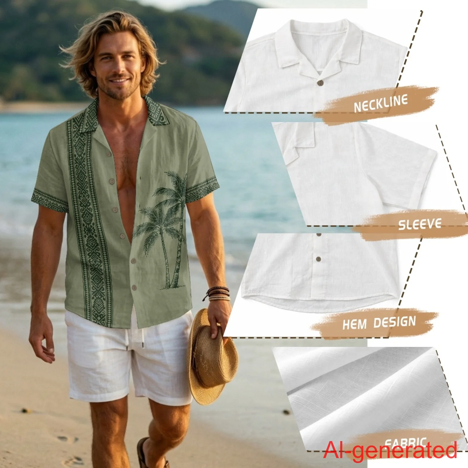 INSTANTARTS Men'S Linen Short-Sleeved Shirt Men’S Lapel Sark Slim Lightweight Casual Tops Breathable Comfortable Hawaii Outfits
