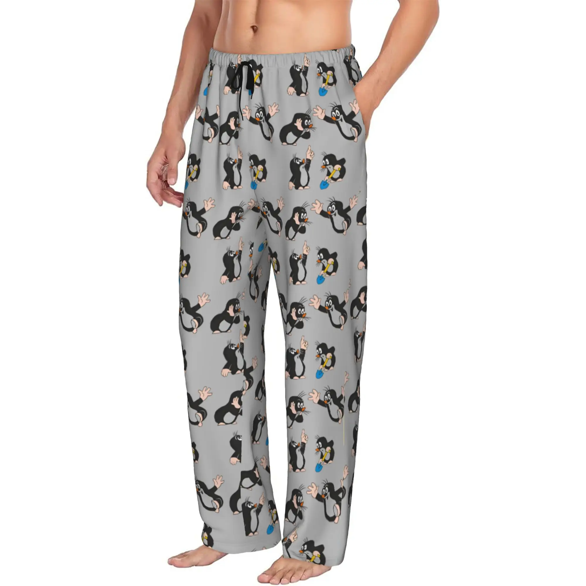 Custom Printed Men's Funny Cartoon Krtek Pajama Pants  Sleepwear Sleep Lounge Bottoms with Pockets