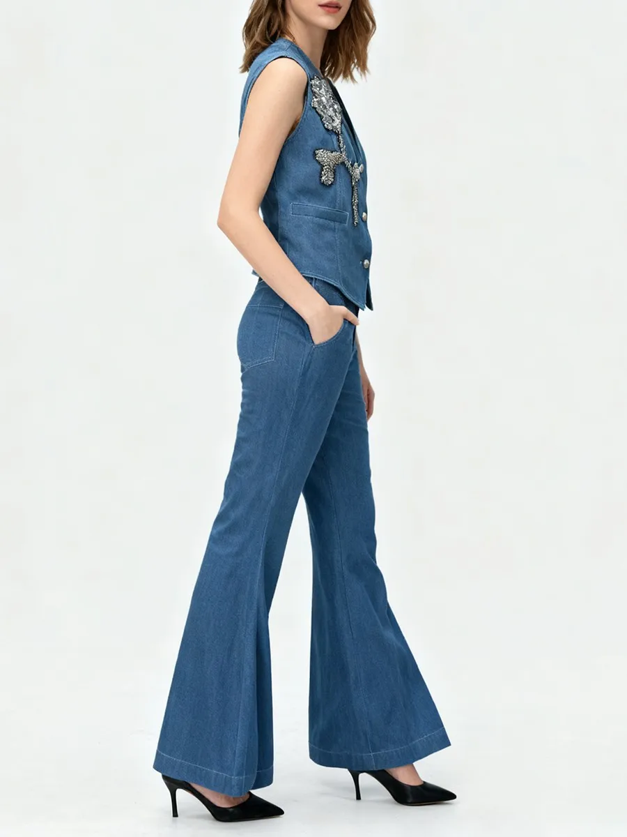 TWOTWINSTYLE Abnehmen Cowboy Zwei Stück Sets für Frauen V-ausschnitt Ärmellose Verstärktes Perle Top Hohe Taille Hose Mode Set Weibliche Neue