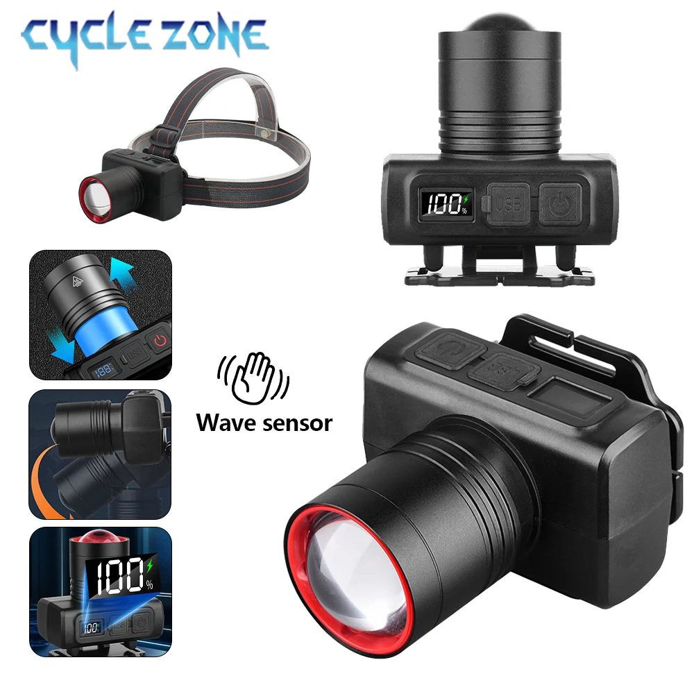 

Portable LED Sensor Headlight Zoom Rechargeable Headlamp Outdoor Camping Emergency Night Fishing Hunting Powerful Torch Headlamp