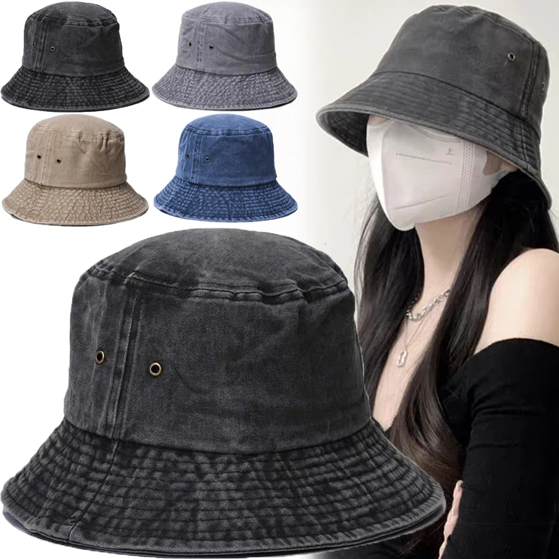 Outdoor Wide Brim Sunhat Women Summer Sun Visor Washed Cowboy Panama Fisherman Caps Unisex Retro Anti-UV Bob Bucket Hats