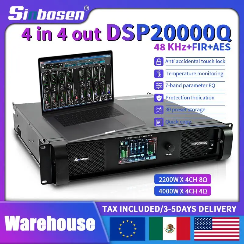 DSP20000Q 2200W Amplificador de subwoofer comercial de 4 canais AES FIR 2U Amplificador de caixa em rack