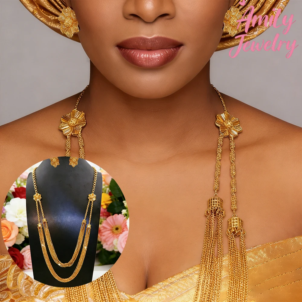 Luxury Women Long Tassel Necklace with Clip Earrings Jewelry African Gold Color Necklace Earrings Dubai Design Jewelry Set Party