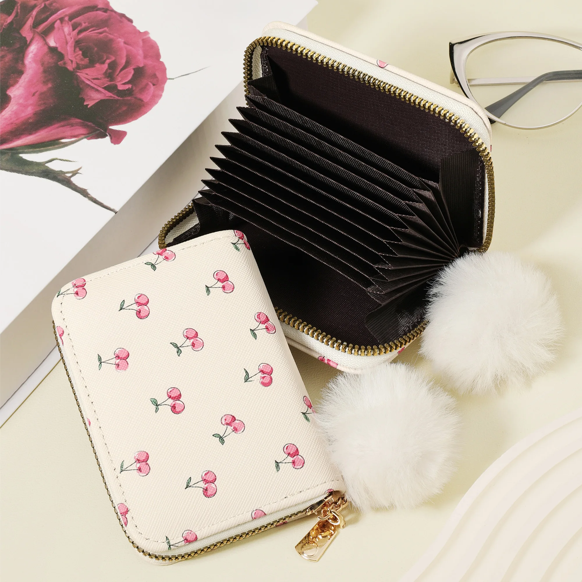 محفظة بطاقات ائتمان نسائية عصرية جديدة، مزينة بوم بوم رقيقة، محفظة للعملات المعدنية بسحاب، غطاء سحاب نسائي #2