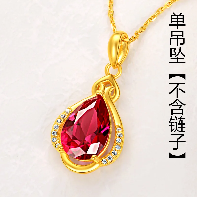 New Elegant 24K Gold Plated Water Drop Shape Ruby Gemstone Pendant for Women Fashion Collarbone Necklace