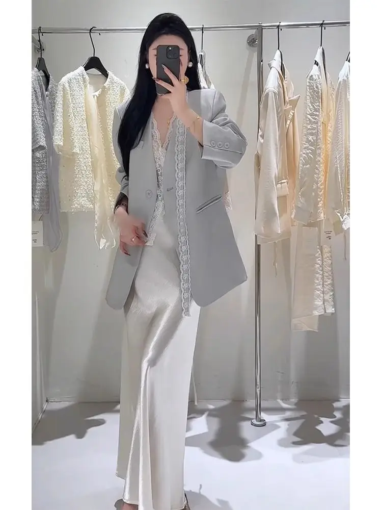 Spring and Autumn Style Professional Light Grey Suit Coat Casual Skirt Elegant Women's Two Piece Set