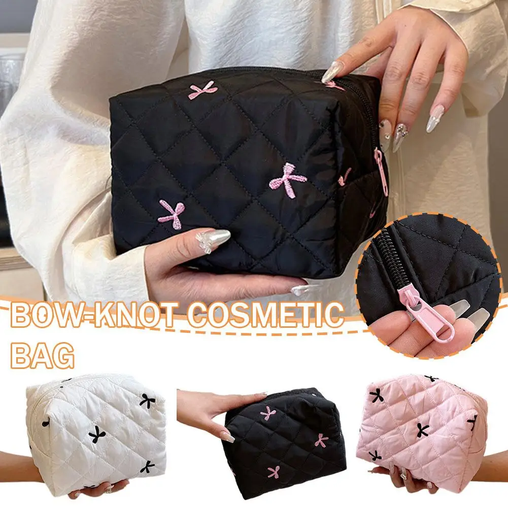 Lovely Bow Makeup Bag For Women Embroidered Bowknot Travel Cosmetic Bags Large Capacity Handheld Makeup Toiletry Storage Ba R0D3