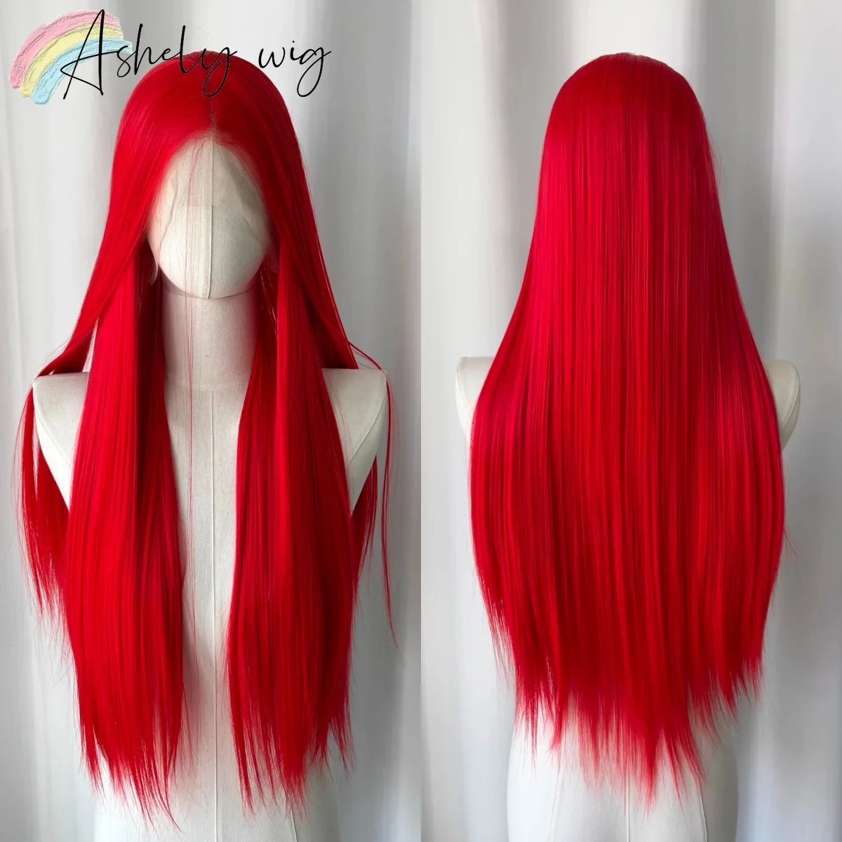 

Красный парик Ashely для женщин, 13×4 HD, с кружевной передней частью, 26 дюймов, длинный прямой синтетический парик, высококачественный, термостойкий, Perruque Femme