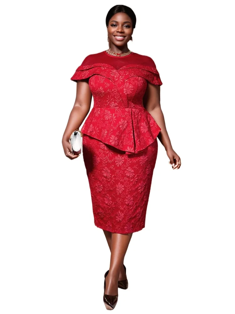 

Red Jacquard Midi Dresses Tulle Patchwork Cape Sleeve High Waist Peplum Package Hip Evening Cocktail Dress for Ladies 2025 New