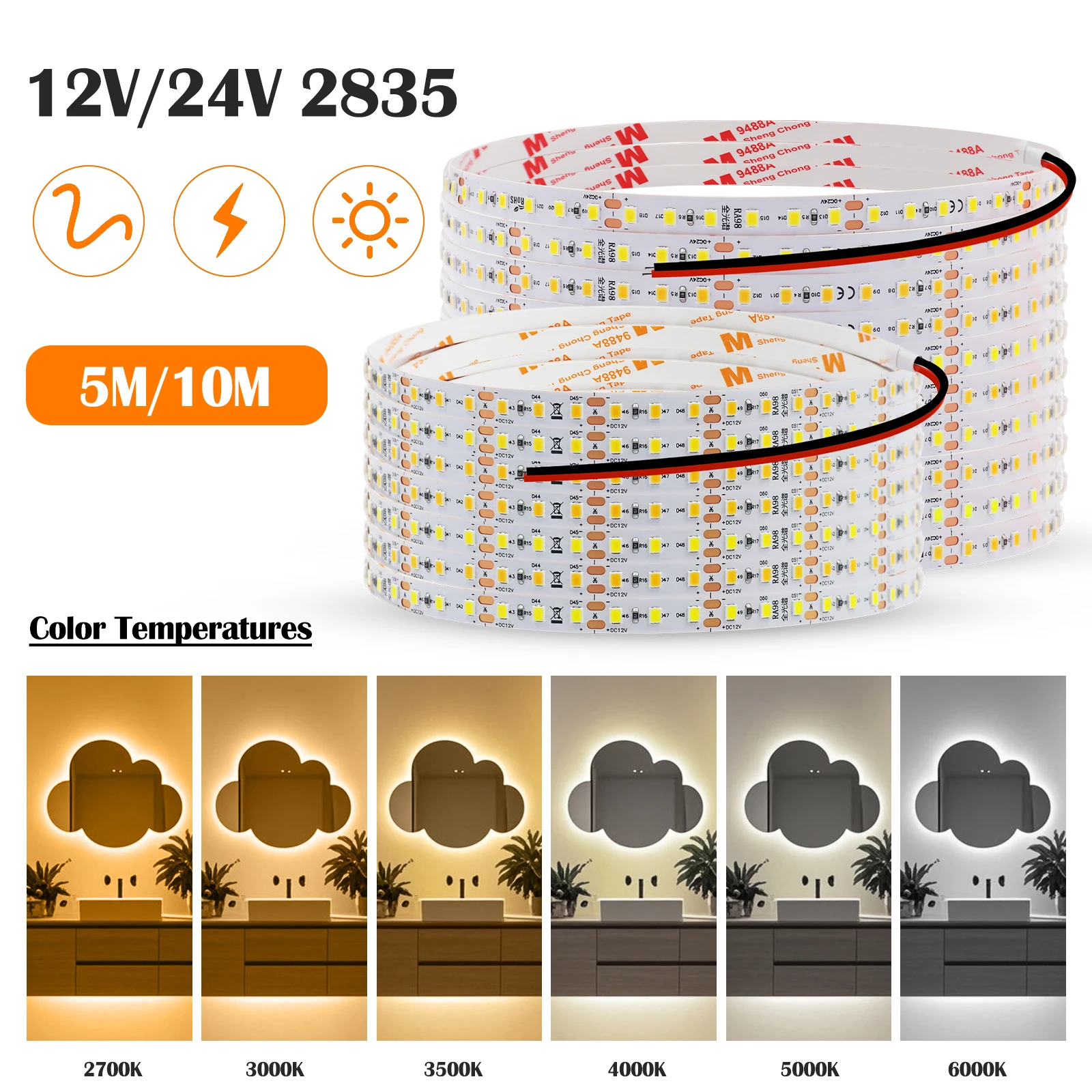 RA98 LED bande 24V 12V 8MM PCB spectre complet 2700K 3000K 3500K 4000K 5000K 6000K sans scintillement 2835 120Led/M ruban lumineux