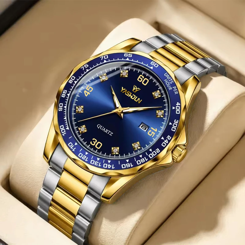 YASHIDUN 5080 Men Quartz Watch Waterproof Luminous Stainless Steel Band Business Casual Ultra-Thin Transparent Calendar Wristwat