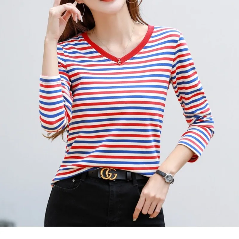 Spring Autumn Women\'s Pullover V-Neck Solid Striped Long Sleeve Undershirt Slim T-shirt Office Lady Elegant Fashion Casual Tops