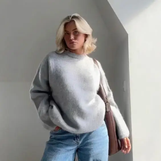 

Casual Long Sve round Ne Camere Sweater Deep Wine Red Women's Oversize Comfortable Knitwear Faionable Color