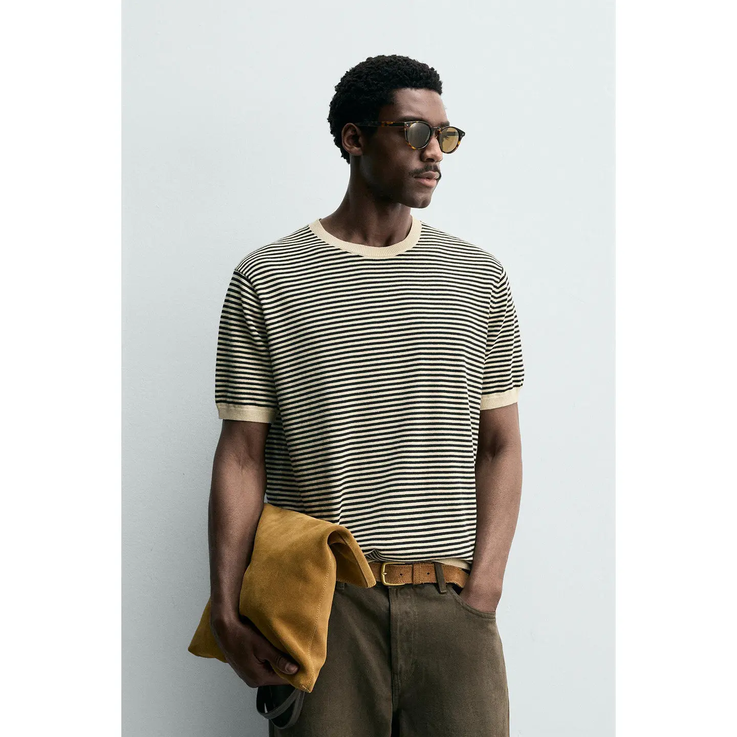 Spring Summer Men's Slim Fit Knitted T-Shirt Long Sleeve round Neck Ribbed Trim Straight Leg Stripe Knitwear 3920662