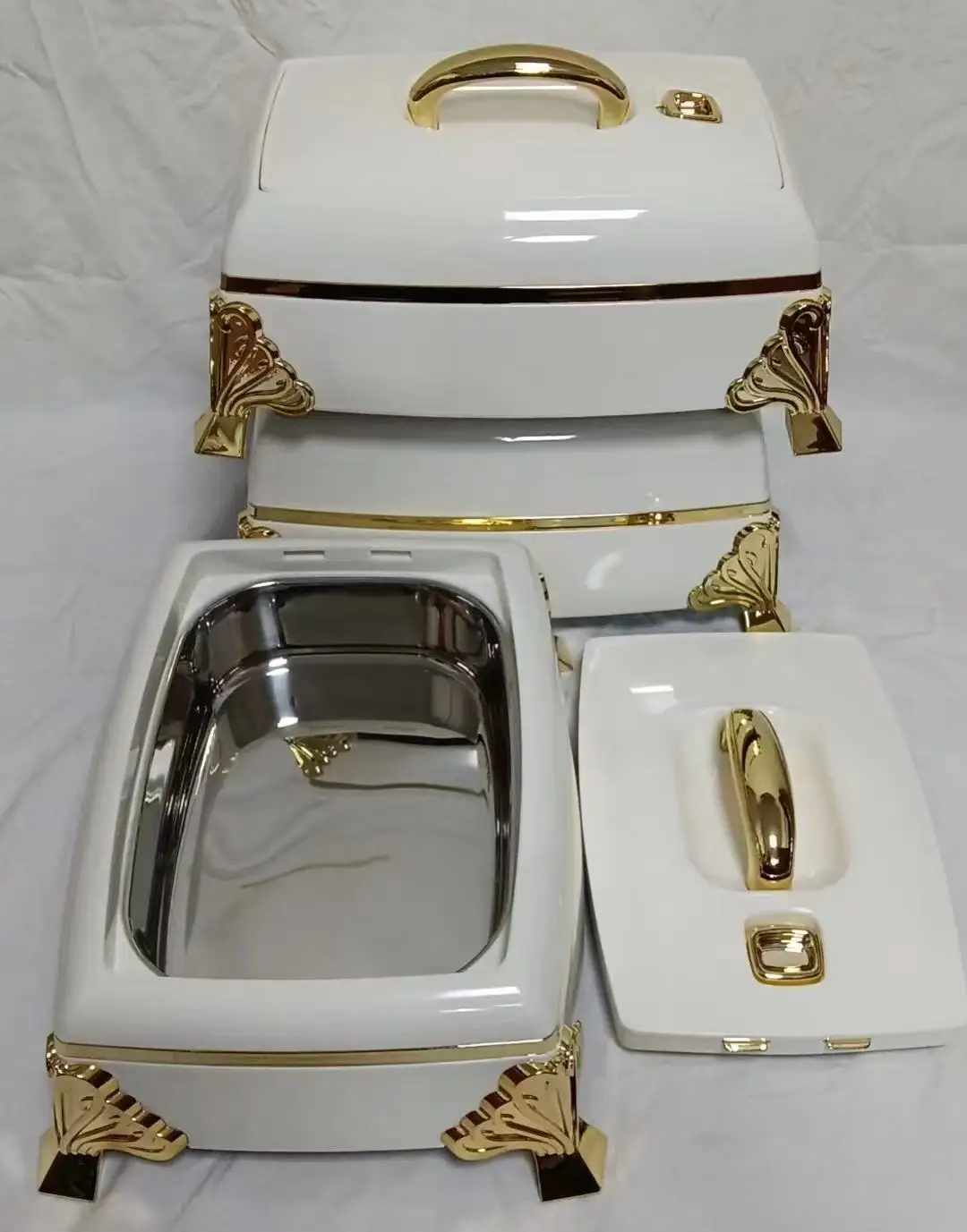 Gold Plated Rectangular Insulated Casserole 3PCS 4.5L 5.5L 6.5L Stainless Steel Food Warmer Hot Pot for Party Use