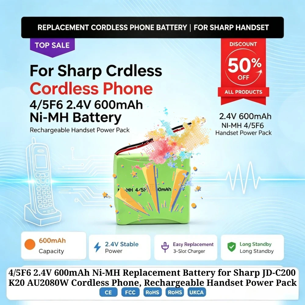 4/5F6 2.4V 600mAh Ni-MH Replacement Battery for Sharp JD-C200 K20 AU2080W Cordless Phone,  Rechargeable Handset Power Pack