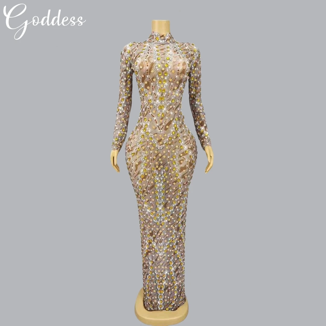 Women's Wear Long Sparkling Diamond Evening Dress Ceremony Party Dance Party Cocktail Evening Dress Elegant Long Sleeve Dress