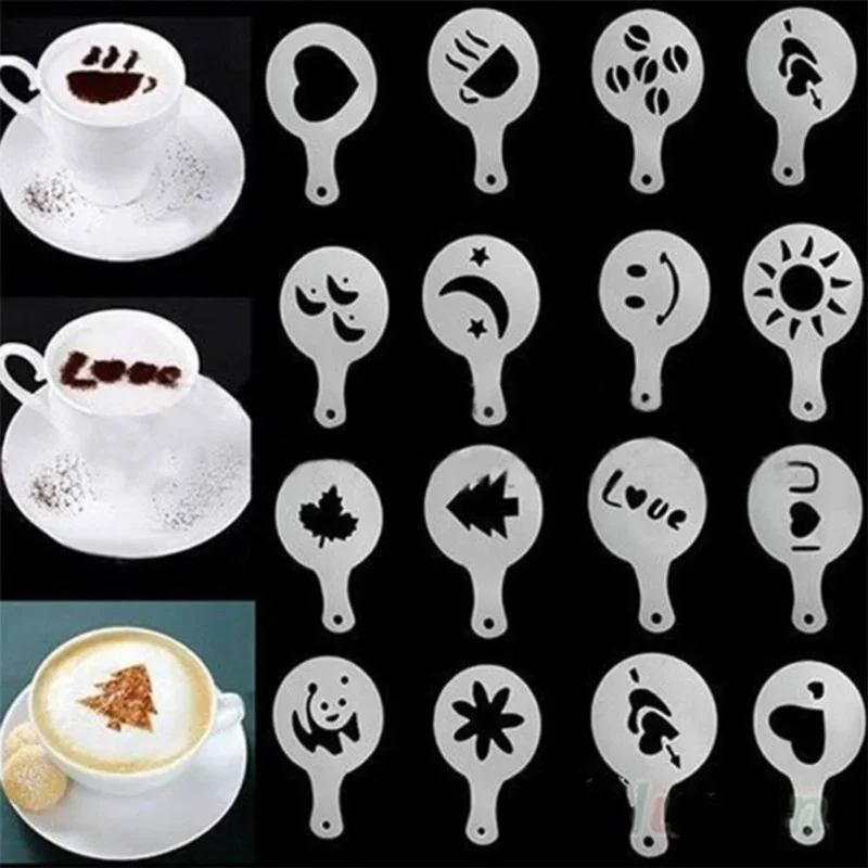 16Pcs Coffee Milk Barista Cappuccino Stencil Mold Cupcake Stew Pad Duster Spray Tools Cake Decorating Templates