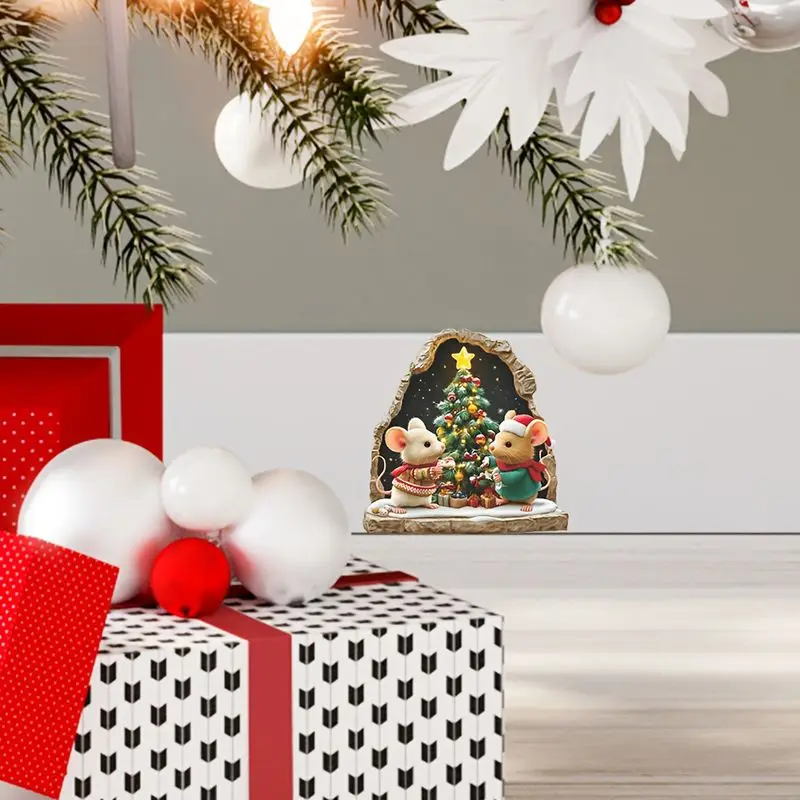 VIKAMA Christmas Double Mouse Hole Wall Sticker, Self-Adhesive Creative Sticker for Living Room Entrance Room Decoration
