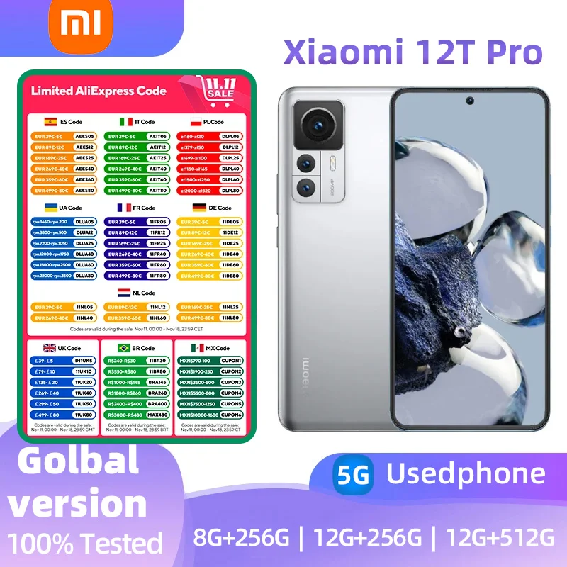 Xiaomi 12T Pro 5G Android RAM 8GB ROM 256GB Qualcomm Snapdragon 8 Gen1 5000mAh 200MP  used phone