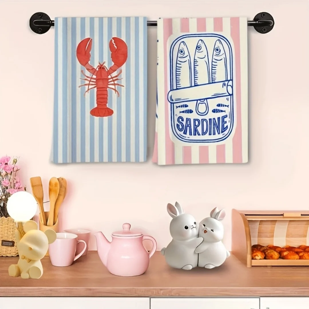 2 Piece ，Lobster Sardine Printed Striped Towels Dish Cloth Hand Towel For Cooking Cleaning Coastal Kitchen Decorative Tea Towels