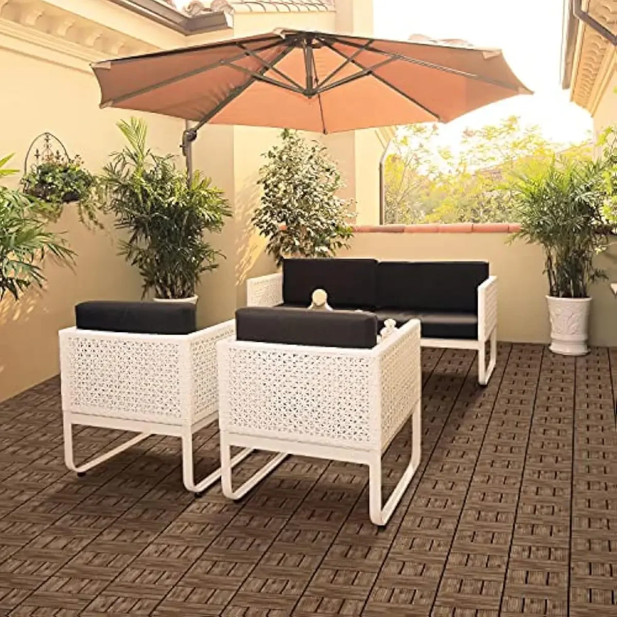 27-Piece Rectangular Outdoor Deck Tile Set 12x12 Inches with Interlocking PP Base and Natural Fir Wood Surface Brown Finish Weat