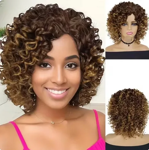 Peruca afro curta encaracolada, sintética, ombre, marrom, loira, para mulheres, parte lateral, bob, resistente ao calor, cabelo natural